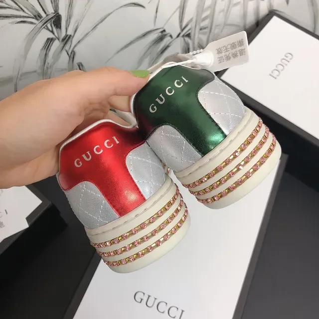 Gucci Ace Silver Red Quilted Metallic Upper Crystal-Embellished Platform Sole Lifestyle Sneakers 4