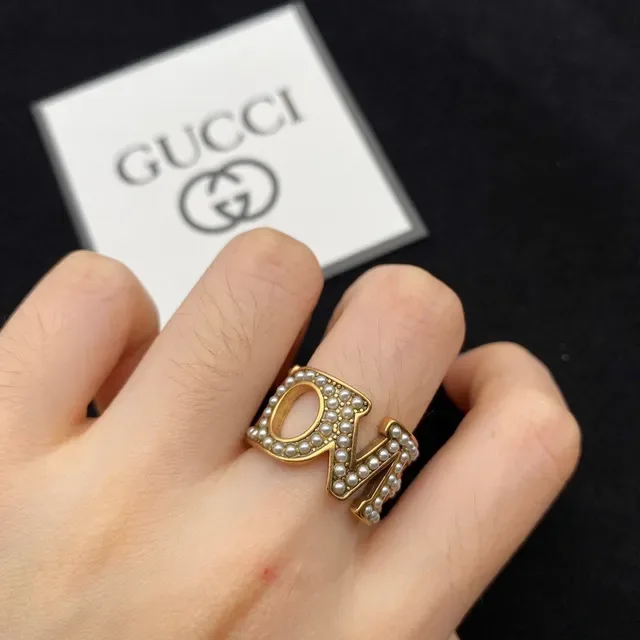 Gucci Alphabet Jewelry Gold White Pearl-Embellished Ring 4