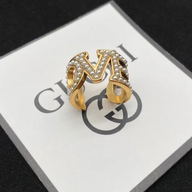 Gucci Alphabet Jewelry Gold White Pearl-Embellished Ring 5