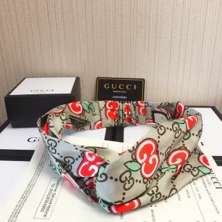 Gucci Apple GG Beige Red Knotted Headband Monogram Print Silk Scarf