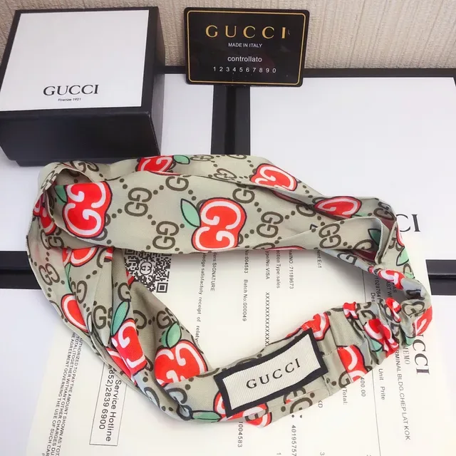 Gucci Apple GG Beige Red Knotted Headband Monogram Print Silk Scarf 2