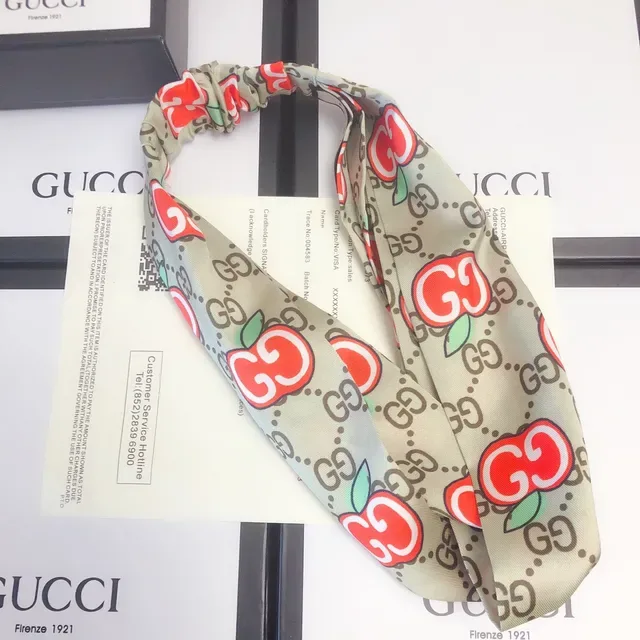 Gucci Apple GG Beige Red Knotted Headband Monogram Print Silk Scarf 3