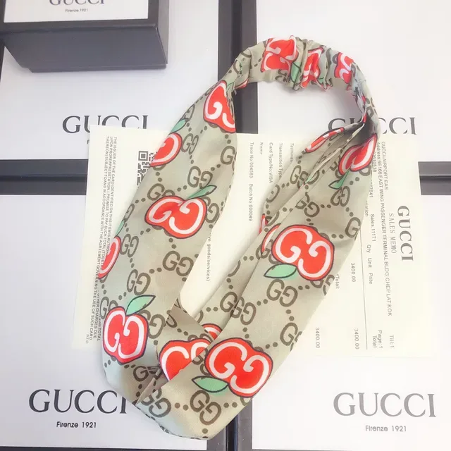 Gucci Apple GG Beige Red Knotted Headband Monogram Print Silk Scarf 4