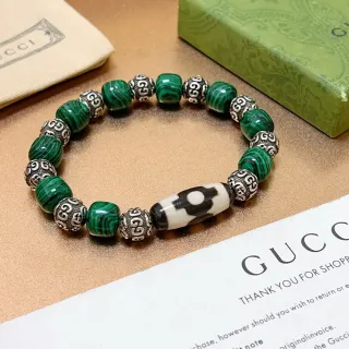 Gucci Beaded Malachite and Silver-Tone Bracelet