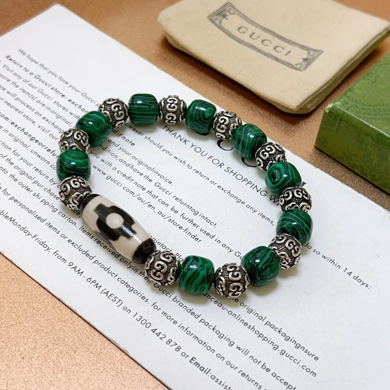 Gucci Beaded Malachite and Silver-Tone Bracelet 2