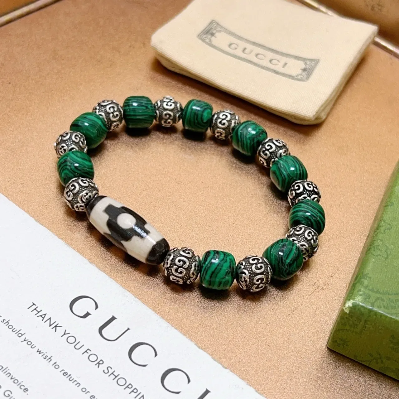Gucci Beaded Malachite and Silver-Tone Bracelet 3