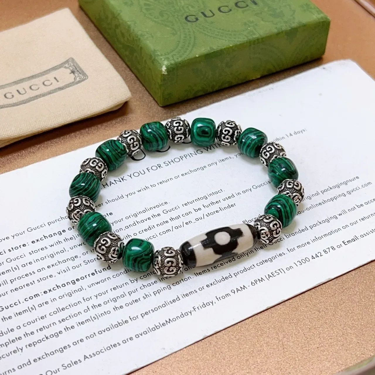 Gucci Beaded Malachite and Silver-Tone Bracelet 5