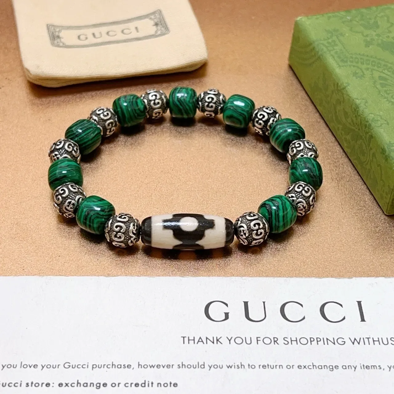 Gucci Beaded Malachite and Silver-Tone Bracelet 9