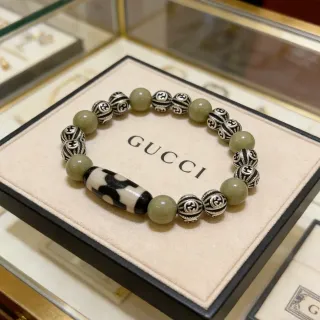 Gucci Beaded Olive Green and Silver-Tone Enamel Bracelet