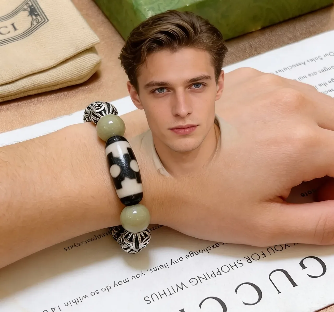 Gucci Beaded Olive Green and Silver-Tone Enamel Bracelet 3