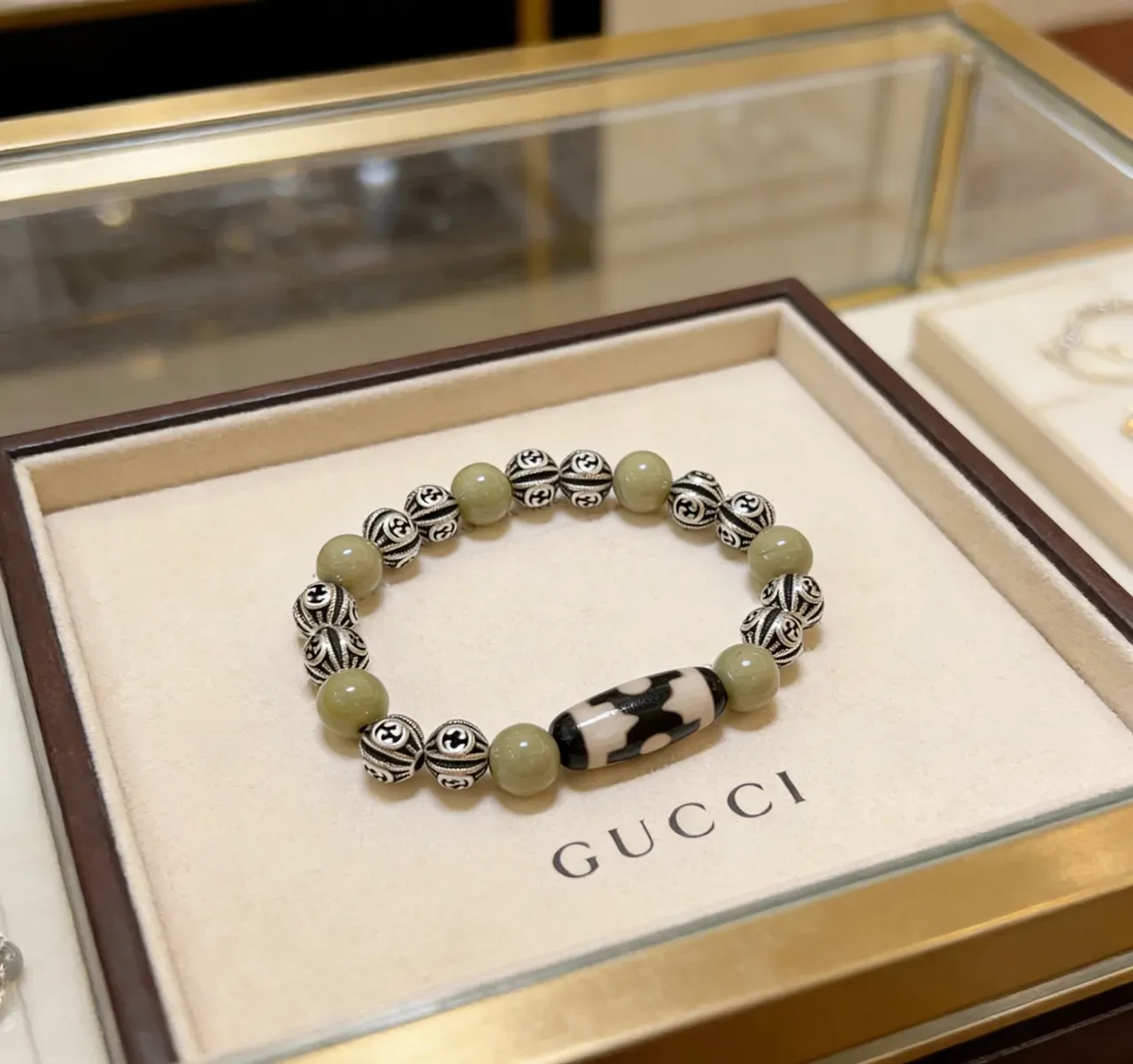 Gucci Beaded Olive Green and Silver-Tone Enamel Bracelet 5