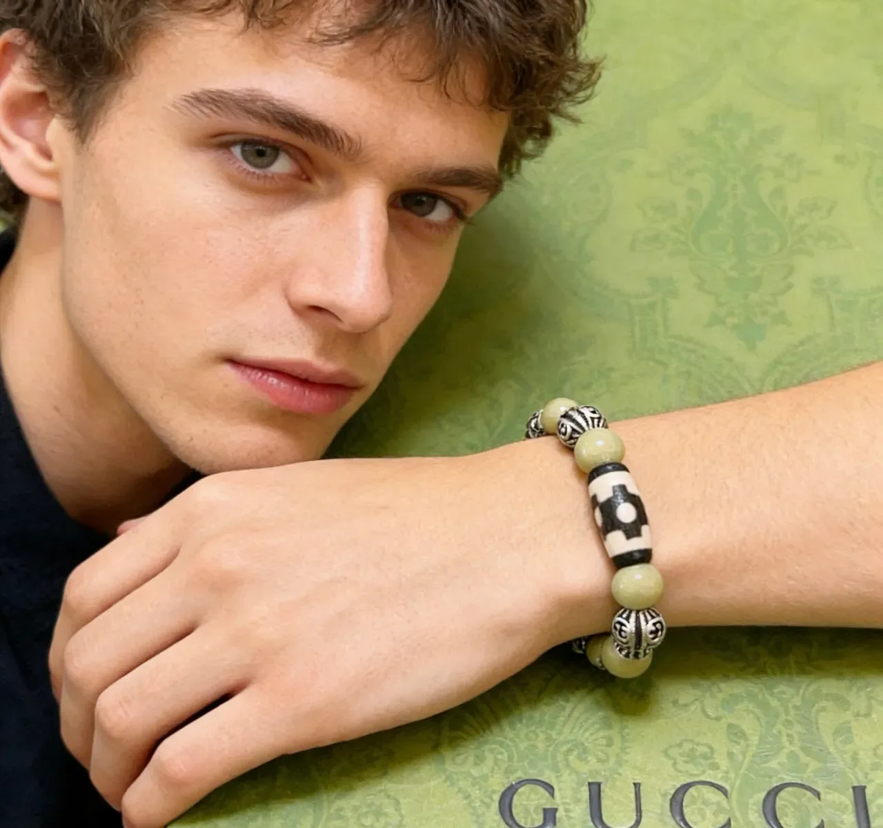 Gucci Beaded Olive Green and Silver-Tone Enamel Bracelet 6