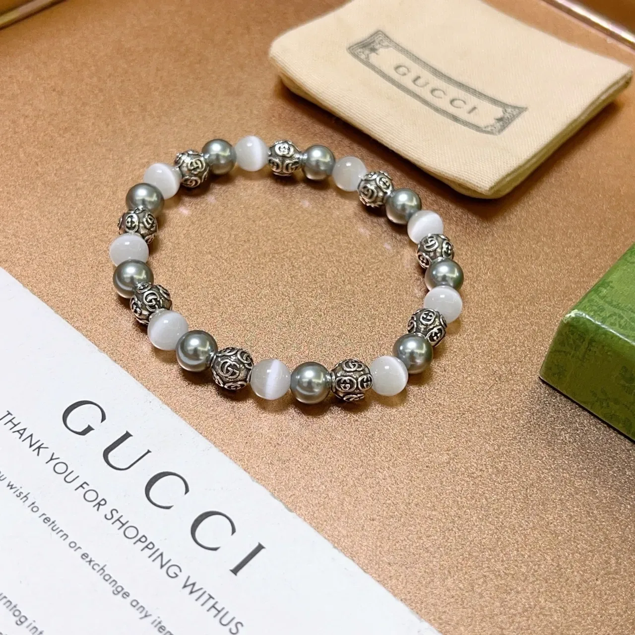 Gucci Beaded Pearl and Cat's-Eye Stone Stretch Bracelet 6