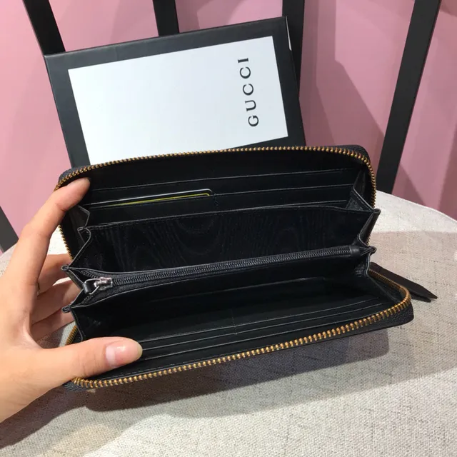 Gucci Bee Print Textured Black Leather Long Wallet 2