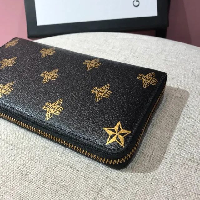 Gucci Bee Print Textured Black Leather Long Wallet 3