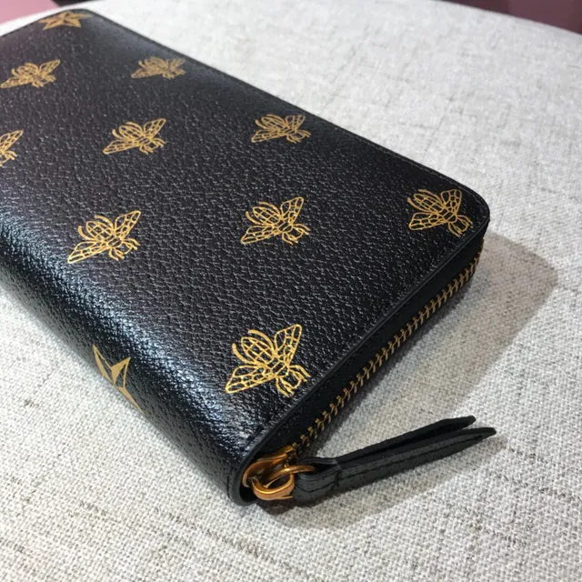 Gucci Bee Print Textured Black Leather Long Wallet 4