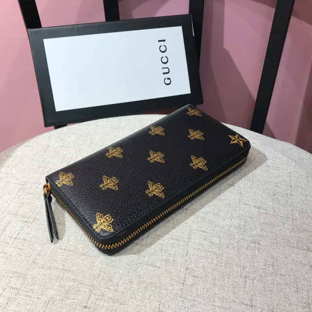 Gucci Bee Print Textured Black Leather Long Wallet 5