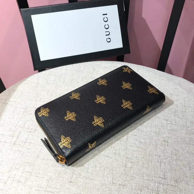 Gucci Bee Print Textured Black Leather Long Wallet 6