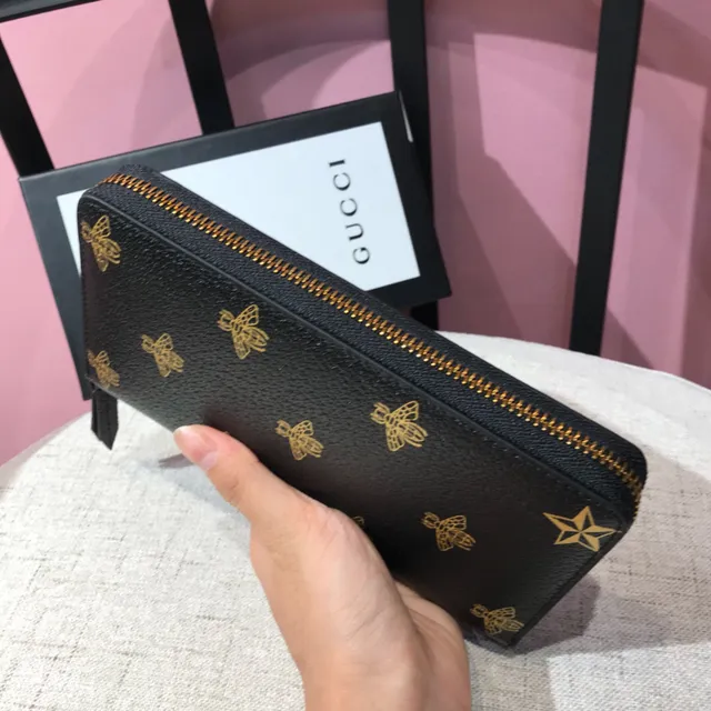 Gucci Bee Print Textured Black Leather Long Wallet 7
