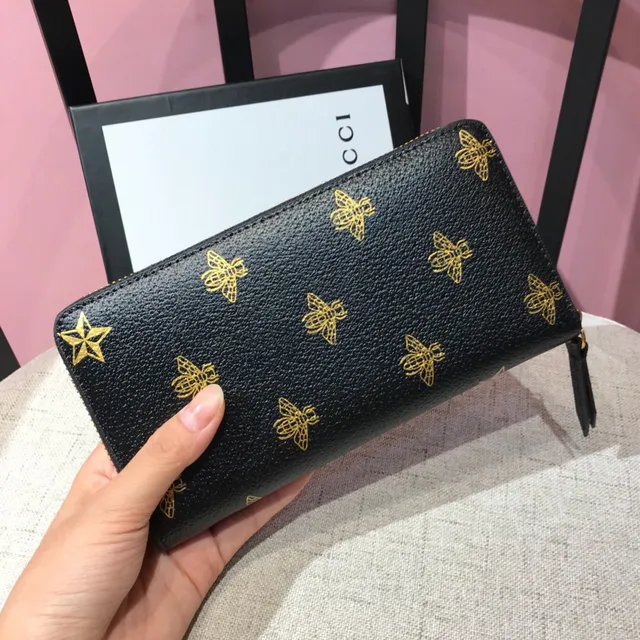 Gucci Bee Print Textured Black Leather Long Wallet 8