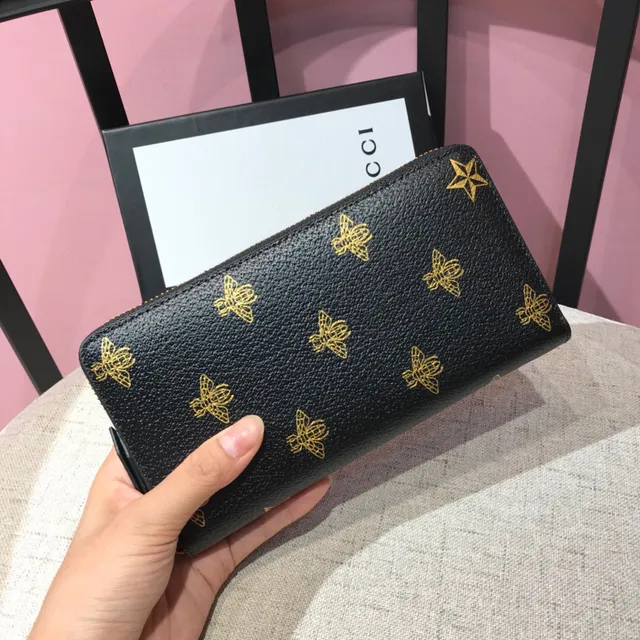 Gucci Bee Print Textured Black Leather Long Wallet 9
