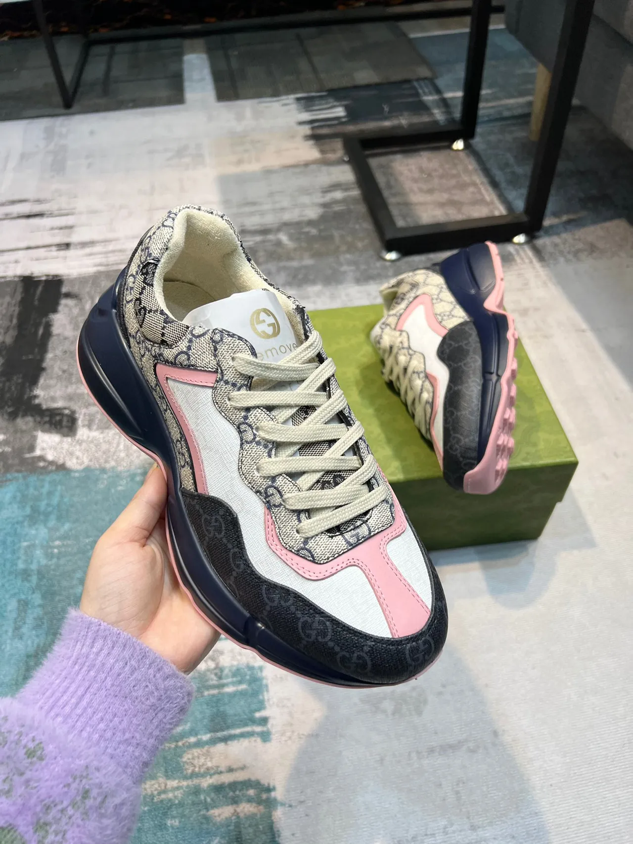 Gucci Beige Navy GG Monogram Canvas Layered Sole Chunky Sneakers 4