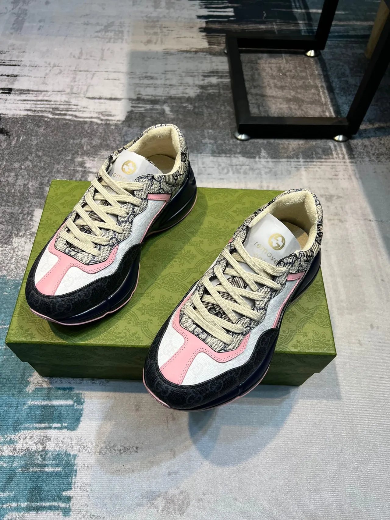 Gucci Beige Navy GG Monogram Canvas Layered Sole Chunky Sneakers 5