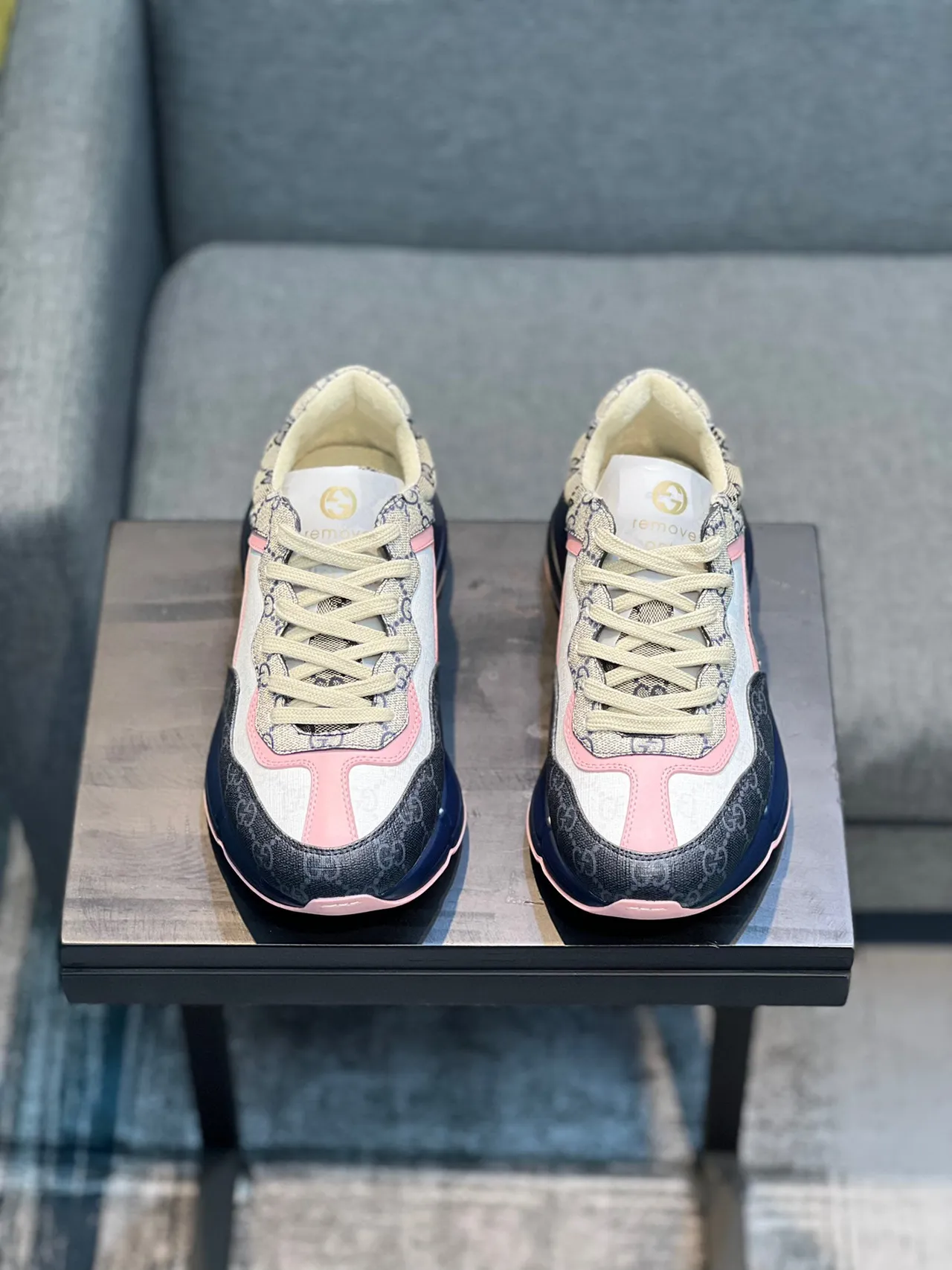 Gucci Beige Navy GG Monogram Canvas Layered Sole Chunky Sneakers 6