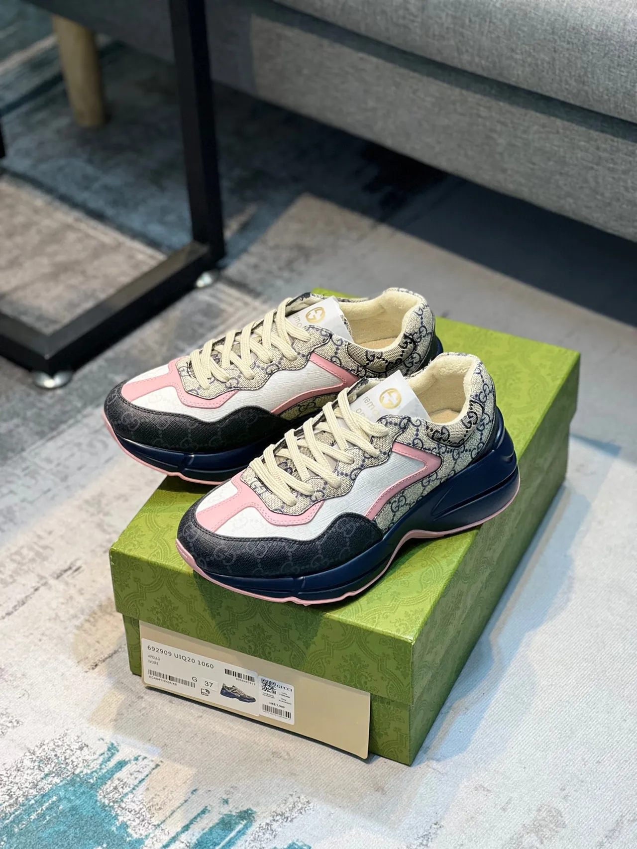 Gucci Beige Navy GG Monogram Canvas Layered Sole Chunky Sneakers 7