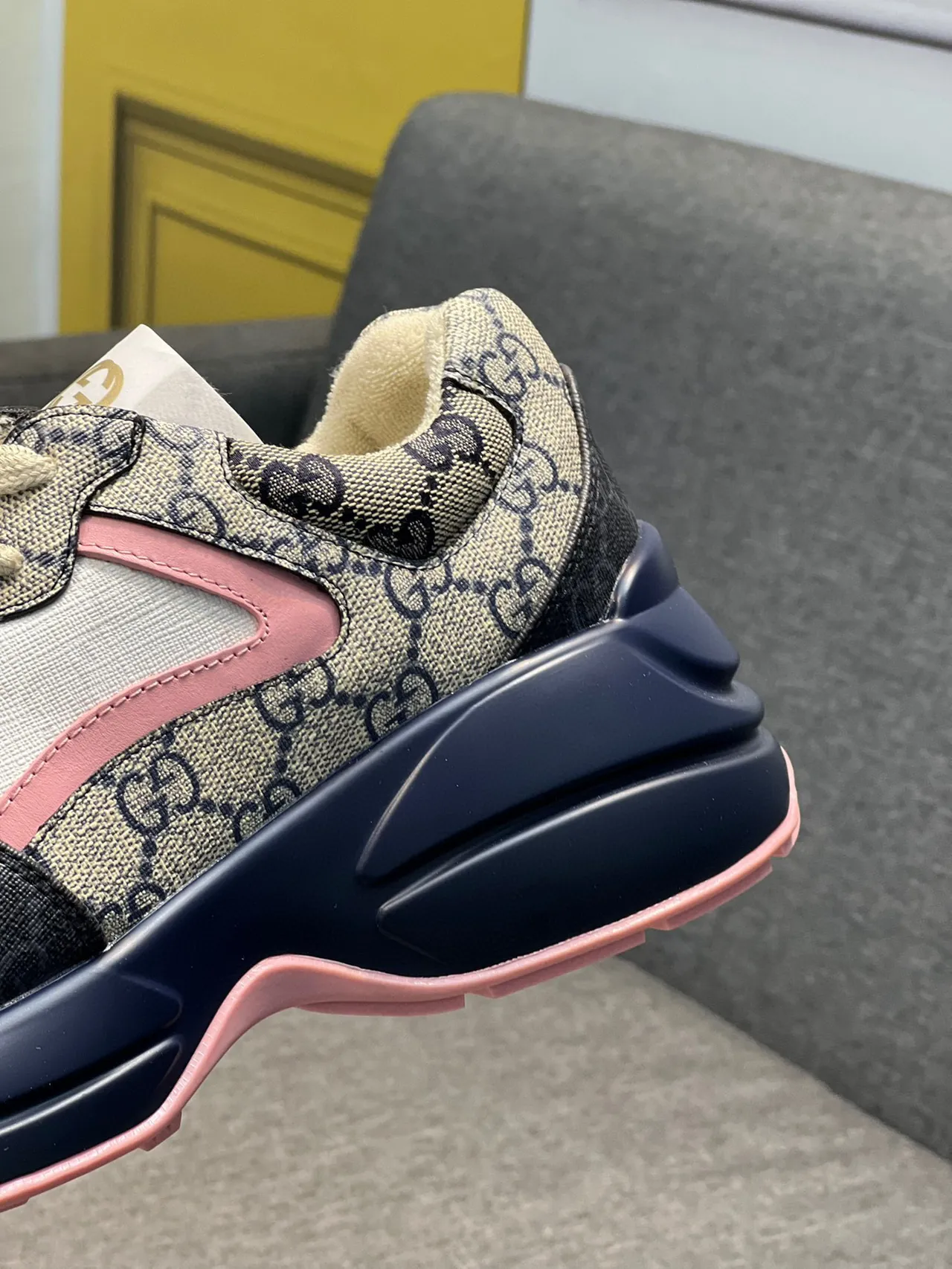 Gucci Beige Navy GG Monogram Canvas Layered Sole Chunky Sneakers 8