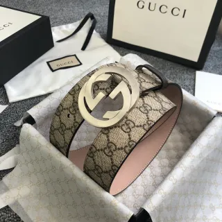 Gucci Beige Pink GG Monogram Canvas Interlocking G Buckle Leather Belt