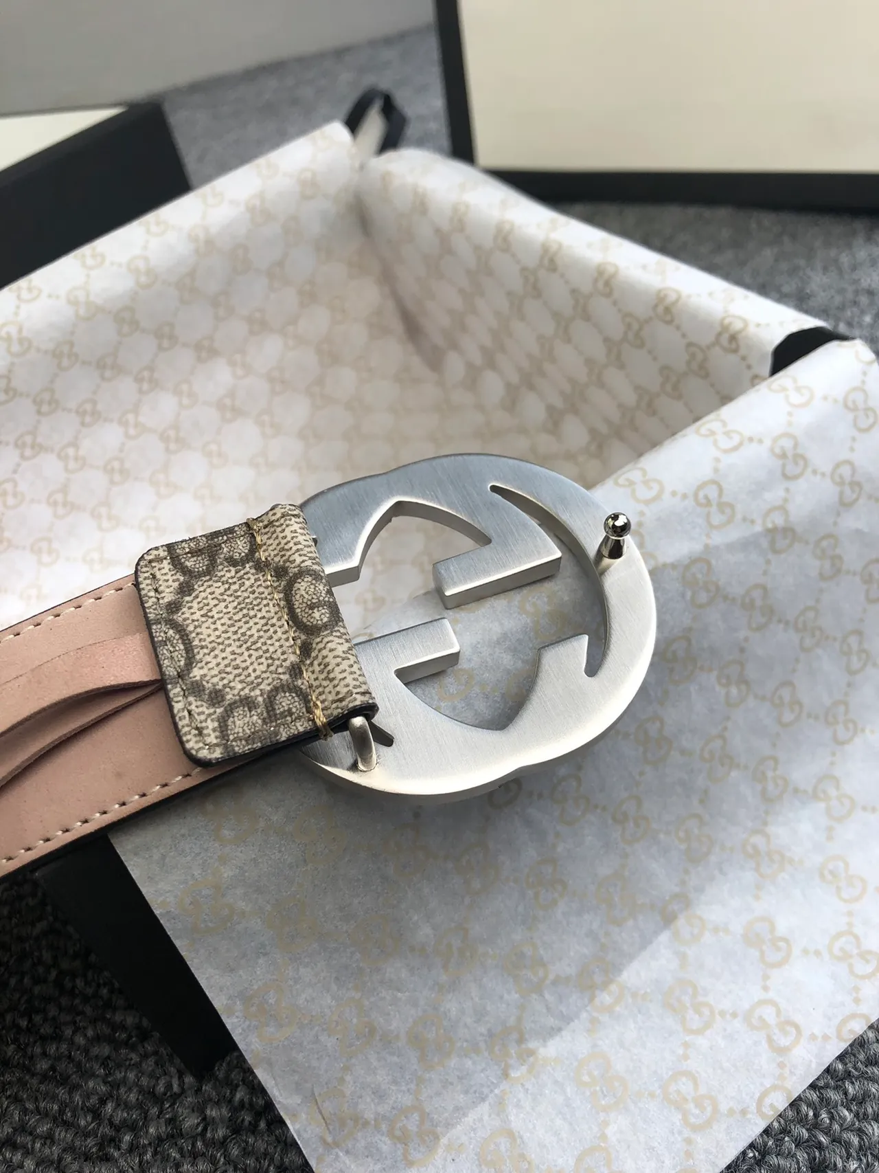 Gucci Beige Pink GG Monogram Canvas Interlocking G Buckle Leather Belt 2