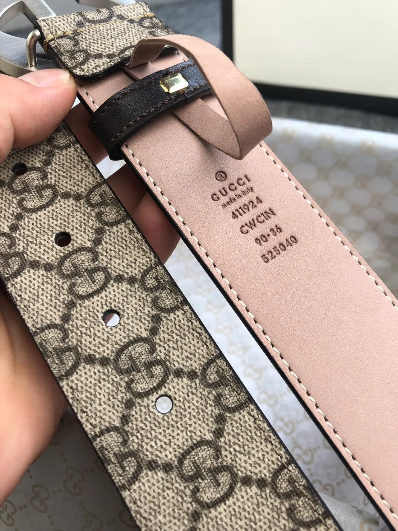 Gucci Beige Pink GG Monogram Canvas Interlocking G Buckle Leather Belt 3
