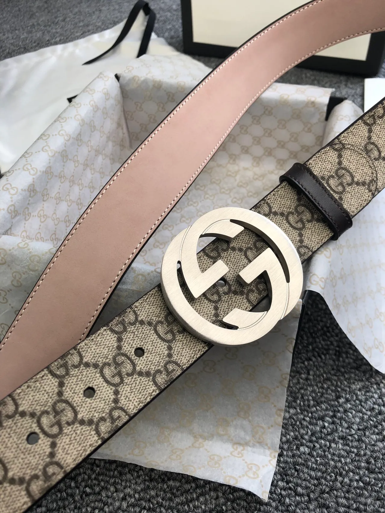 Gucci Beige Pink GG Monogram Canvas Interlocking G Buckle Leather Belt 4
