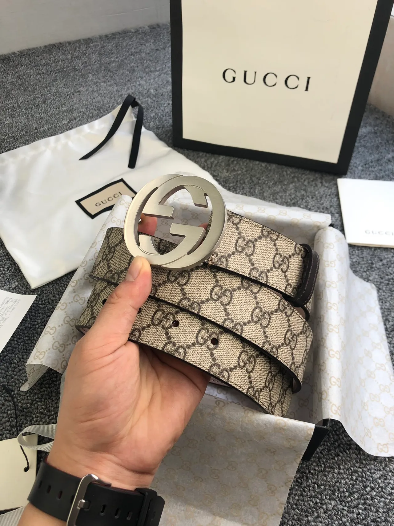 Gucci Beige Pink GG Monogram Canvas Interlocking G Buckle Leather Belt 5