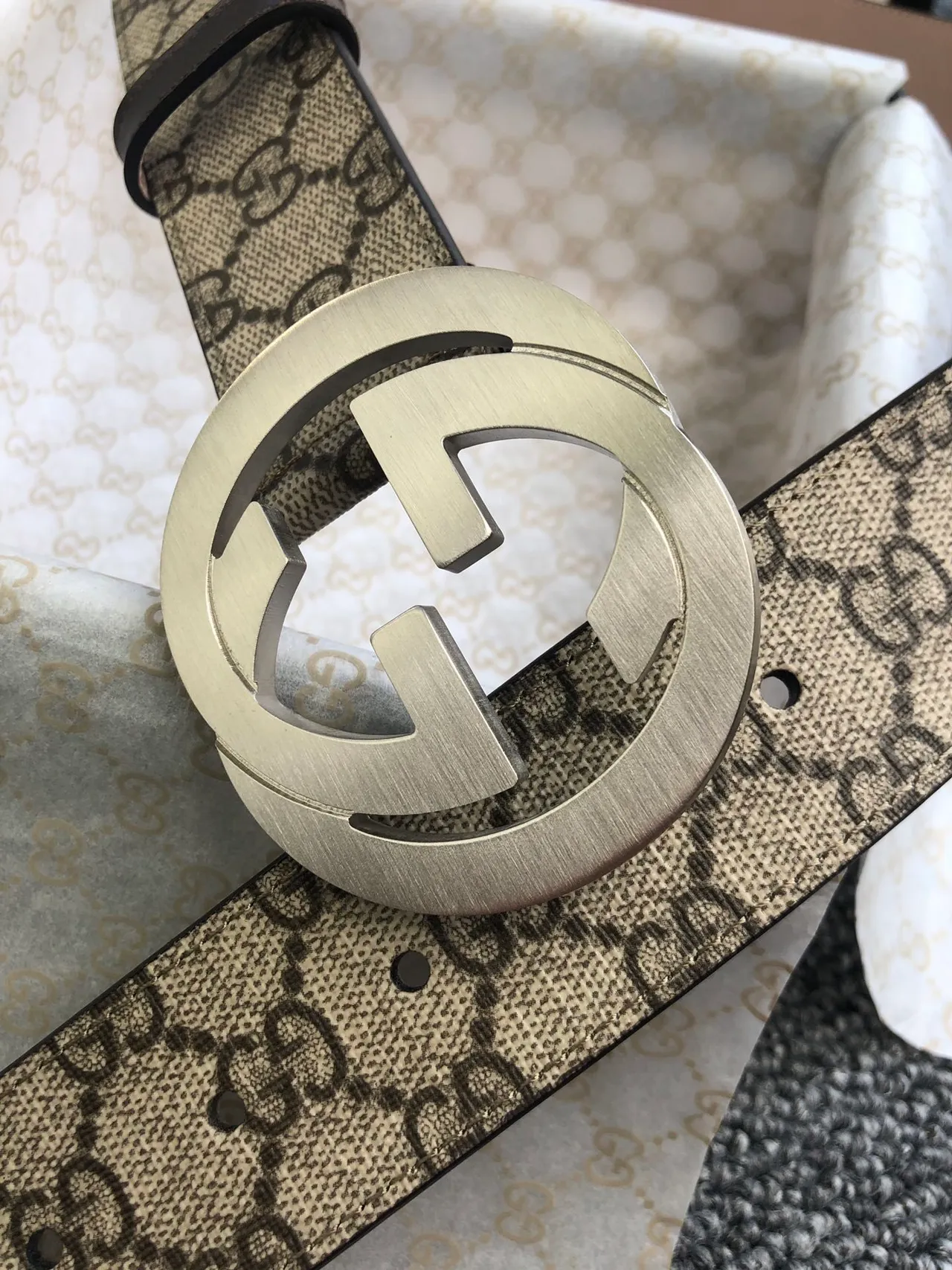 Gucci Beige Pink GG Monogram Canvas Interlocking G Buckle Leather Belt 6