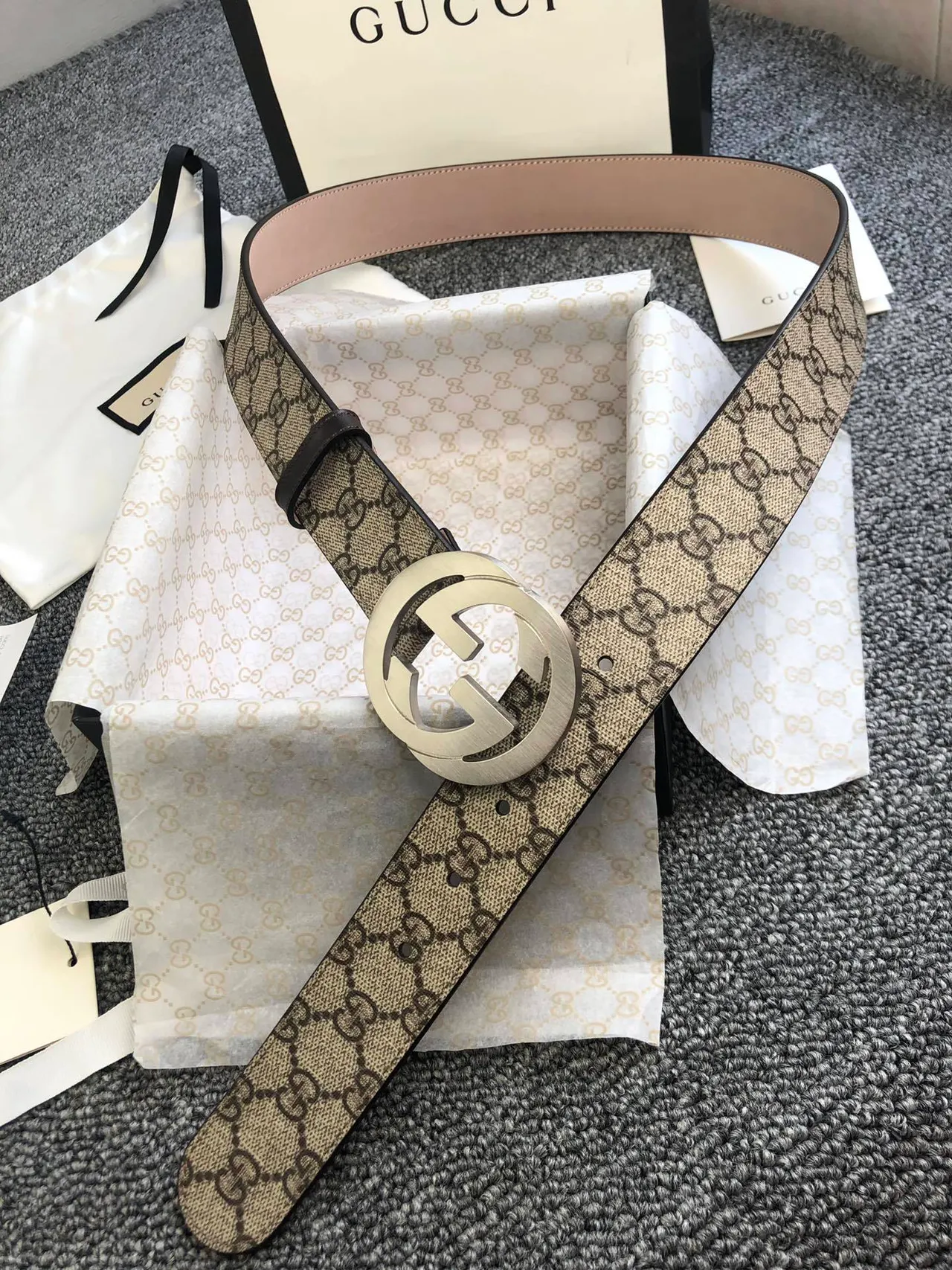 Gucci Beige Pink GG Monogram Canvas Interlocking G Buckle Leather Belt 7