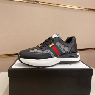 Gucci Black Beige Leather And GG Monogram Canvas Red-Green Web Stripe Lifestyle Sneakers