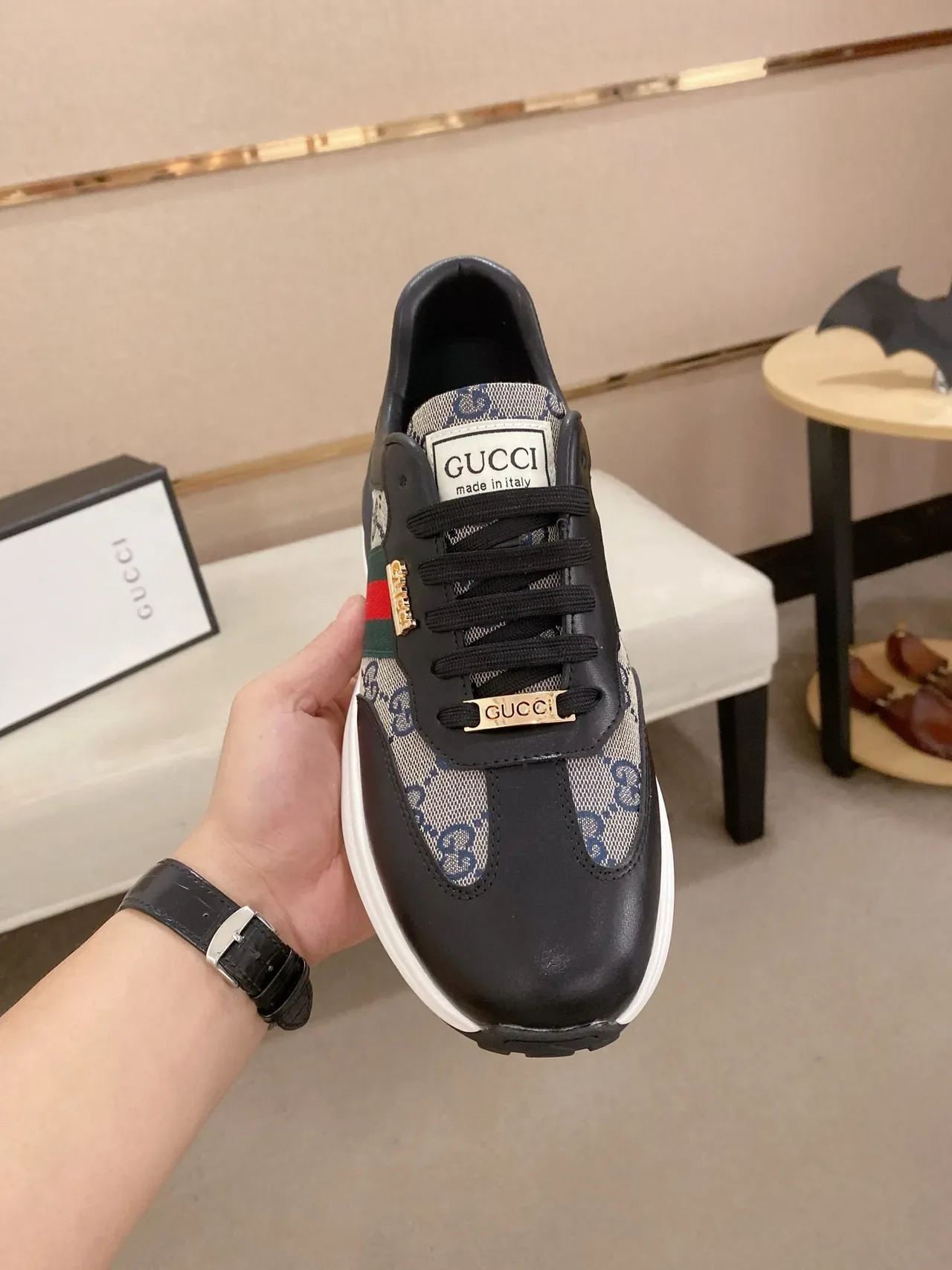 Gucci Black Beige Leather And GG Monogram Canvas Red-Green Web Stripe Lifestyle Sneakers 2