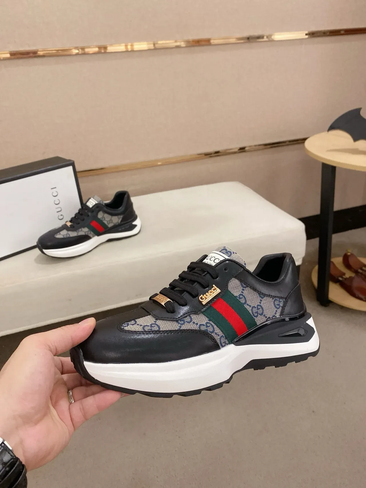 Gucci Black Beige Leather And GG Monogram Canvas Red-Green Web Stripe Lifestyle Sneakers 3