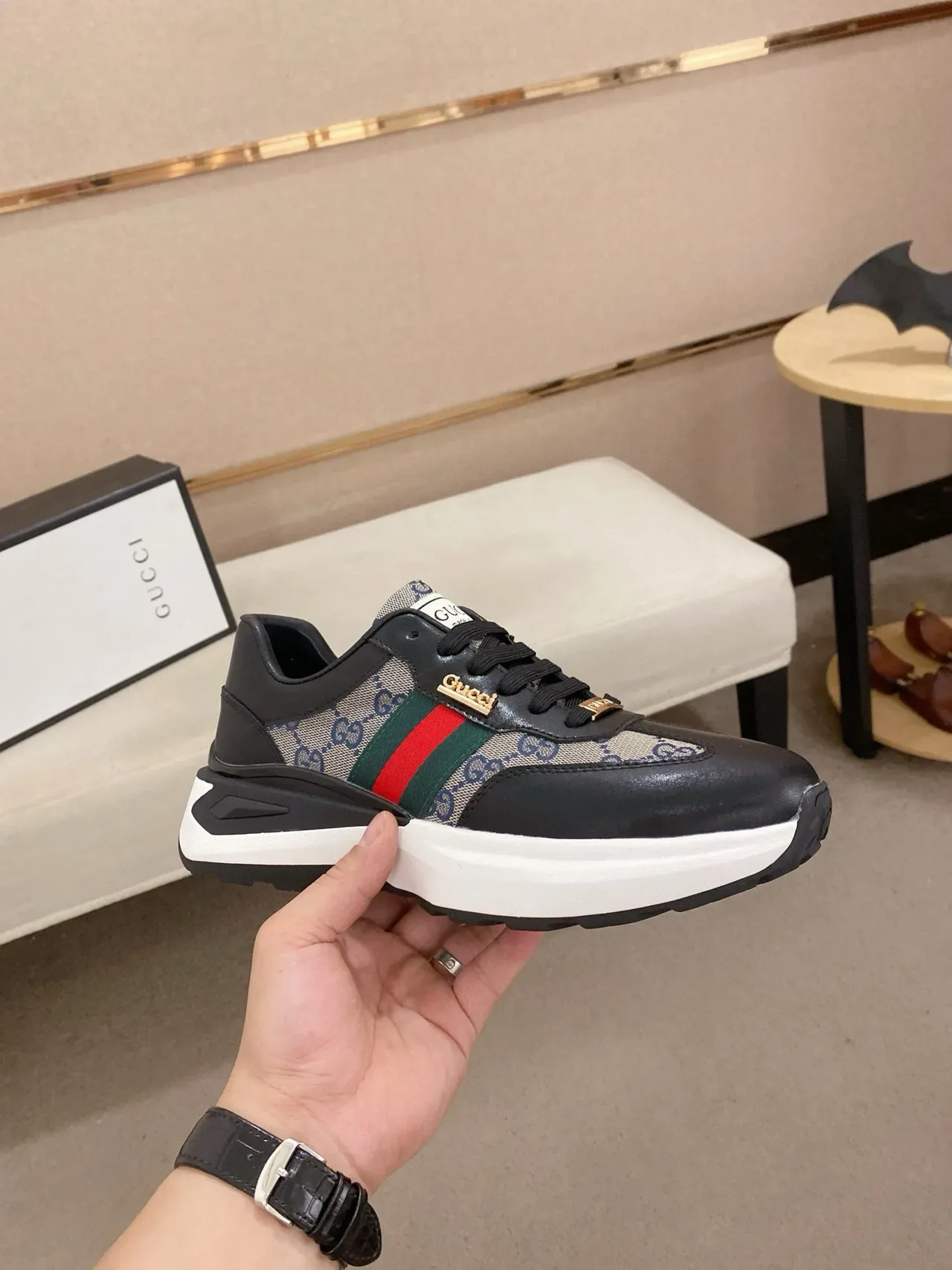 Gucci Black Beige Leather And GG Monogram Canvas Red-Green Web Stripe Lifestyle Sneakers 4