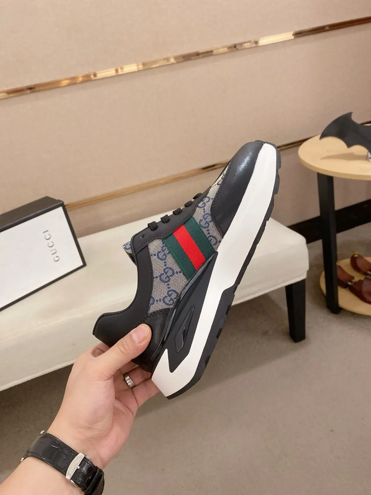 Gucci Black Beige Leather And GG Monogram Canvas Red-Green Web Stripe Lifestyle Sneakers 5