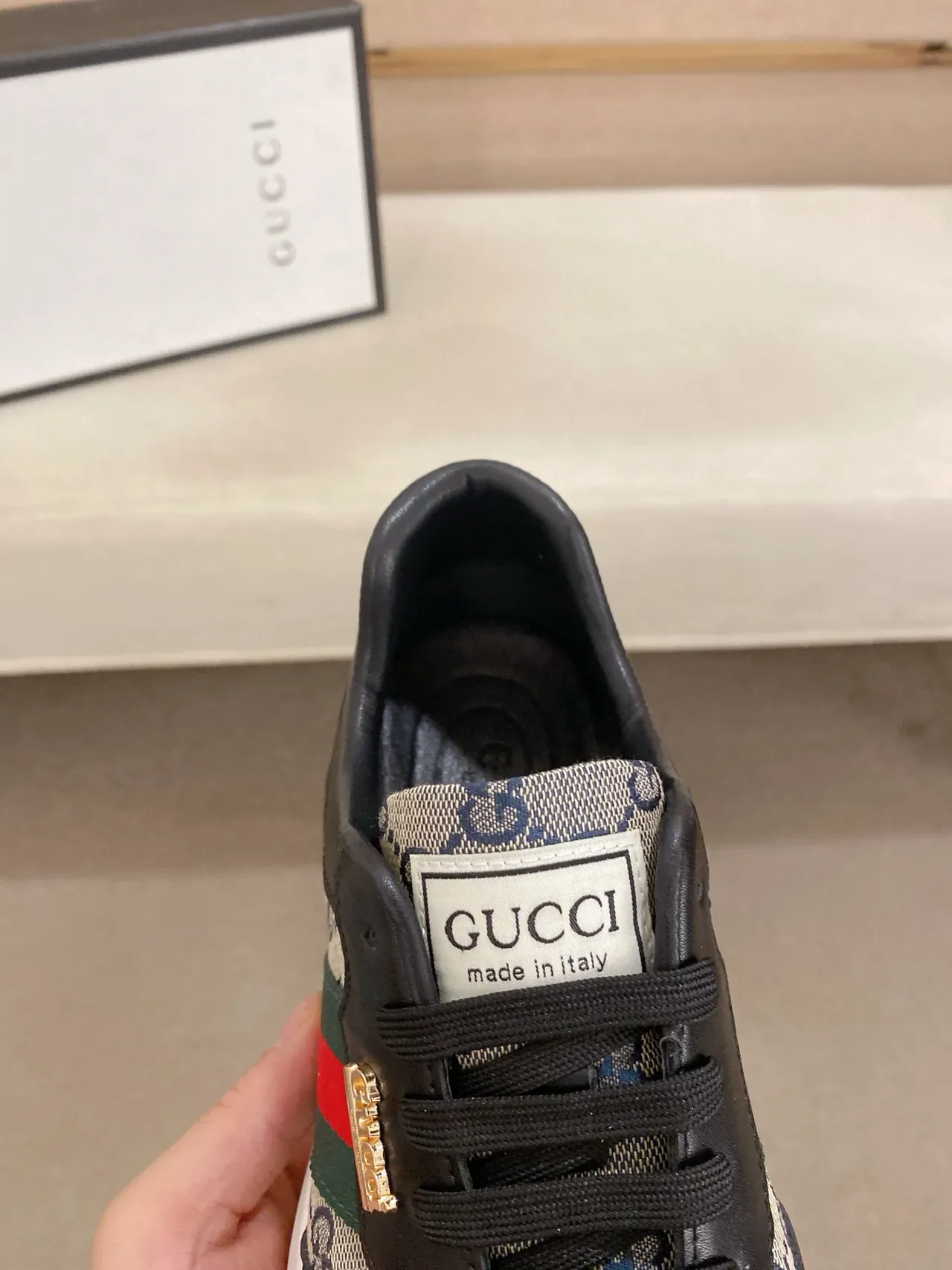 Gucci Black Beige Leather And GG Monogram Canvas Red-Green Web Stripe Lifestyle Sneakers 6
