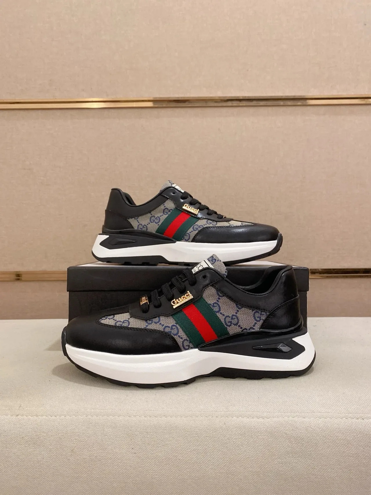 Gucci Black Beige Leather And GG Monogram Canvas Red-Green Web Stripe Lifestyle Sneakers 7