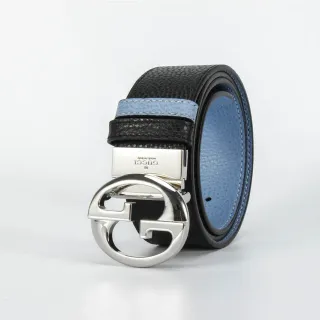 Gucci Black Blue Two-Tone Interlocking G Buckle Leather Belt