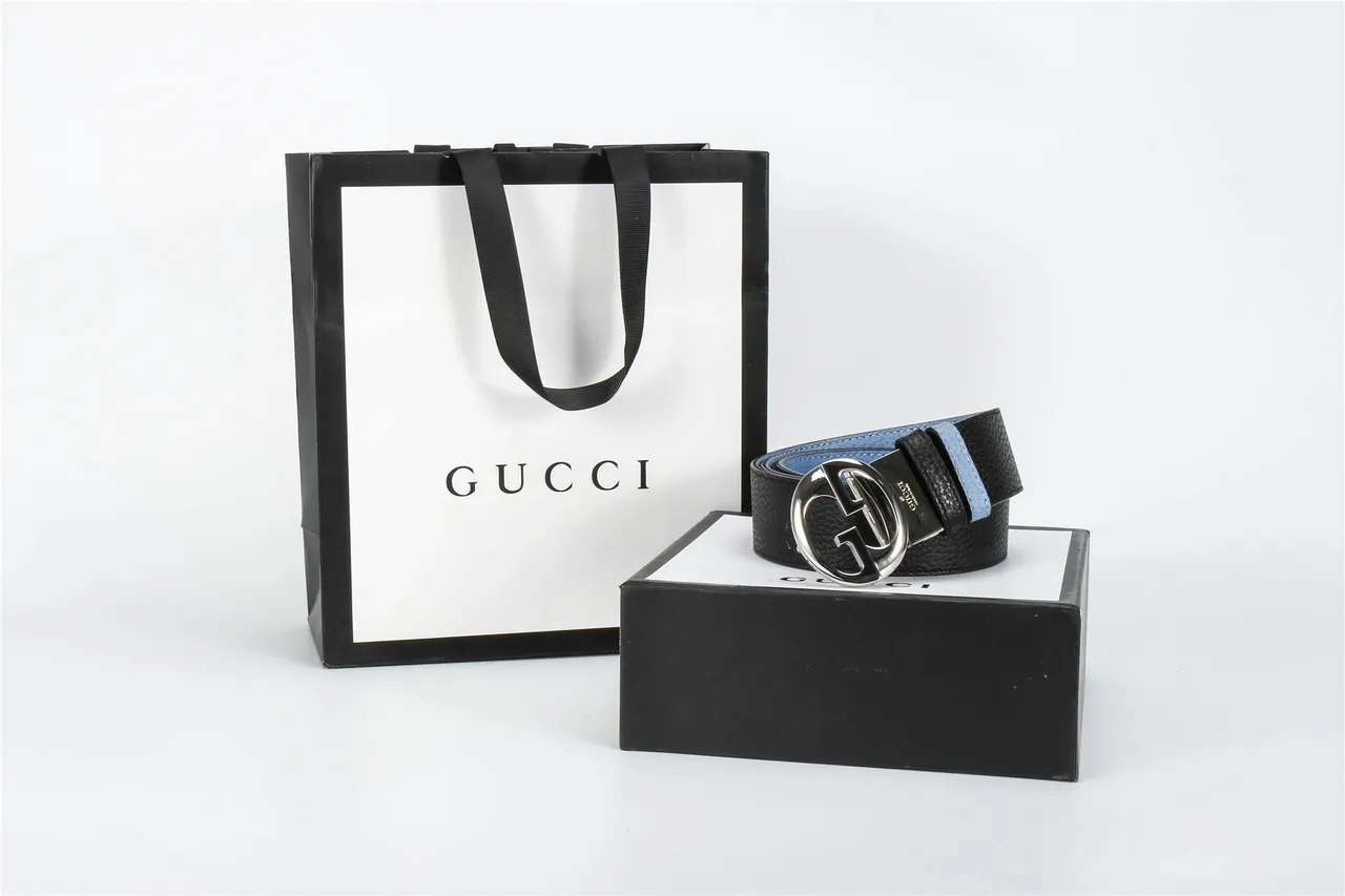 Gucci Black Blue Two-Tone Interlocking G Buckle Leather Belt 6
