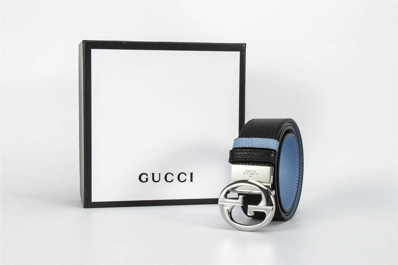 Gucci Black Blue Two-Tone Interlocking G Buckle Leather Belt 7