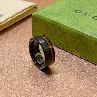 Gucci Black Brown Ceramic Or Metal Wood Inlay Accent Ring
