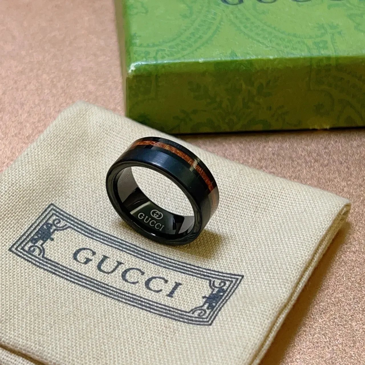 Gucci Black Brown Ceramic Or Metal Wood Inlay Accent Ring 4