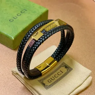 سوار غوتشي جلدي أسود ذهبي مضفر مزدوج التفاف
